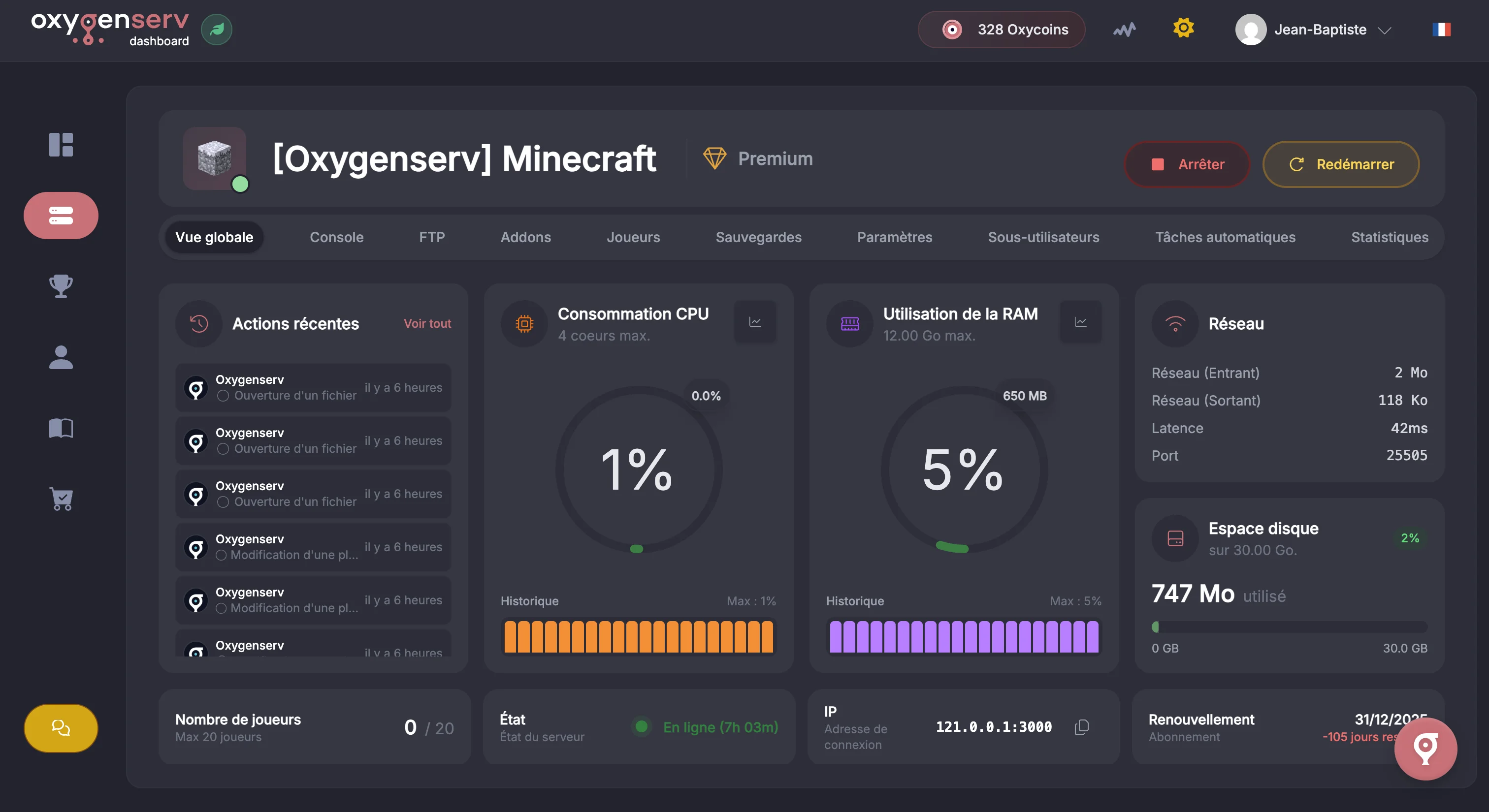Panel Oxygenserv — Thème sombre