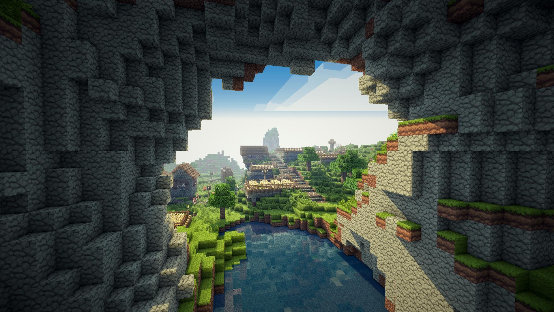 View of a village in a pixelated video game.