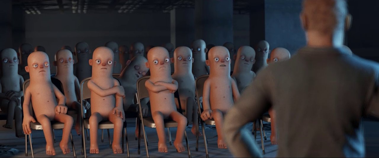 Salle avec personnages animés assis sur des chaises.
