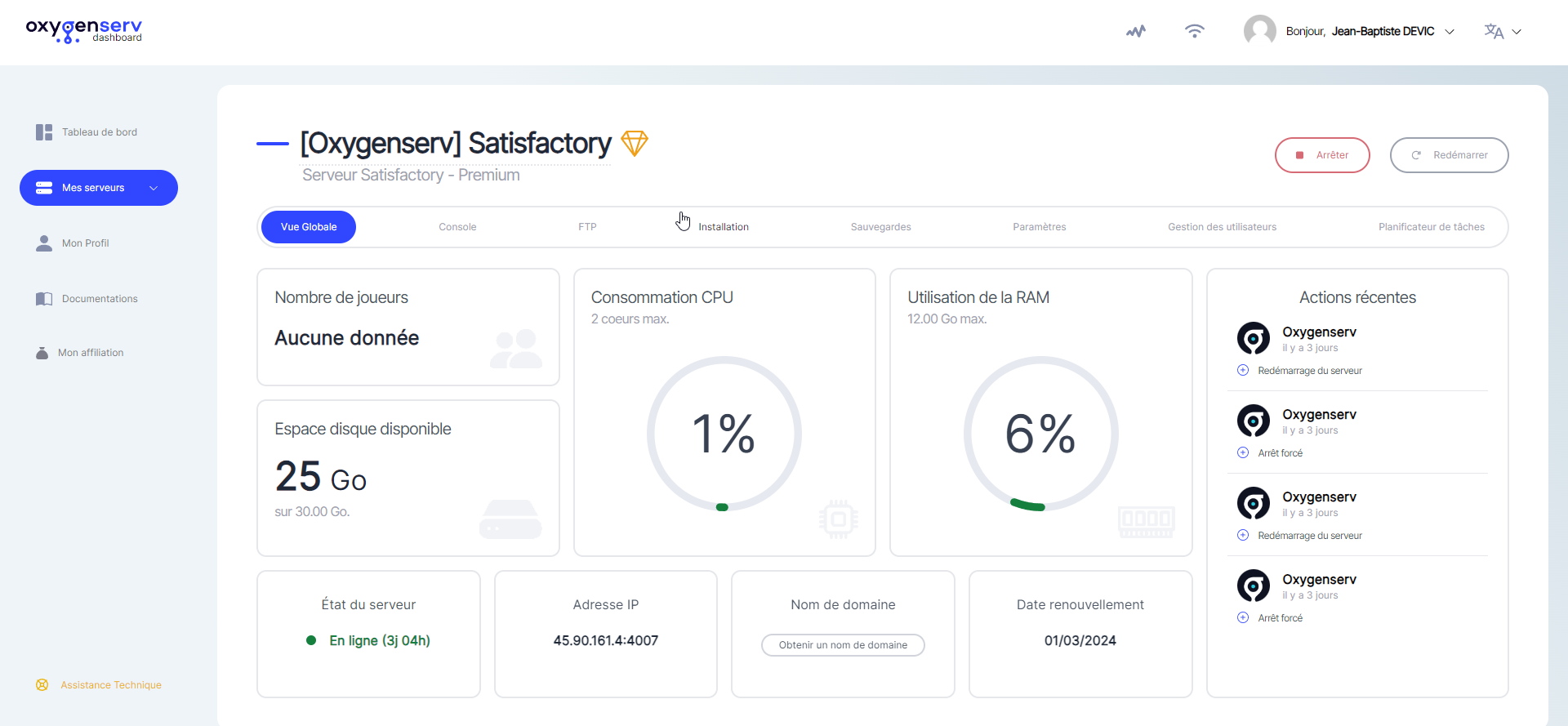 Dashboard pour controler une offre satisfactory