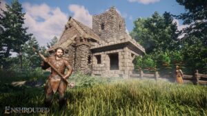 Guerrier devant maison médiévale entourée de forêt verdoyante.