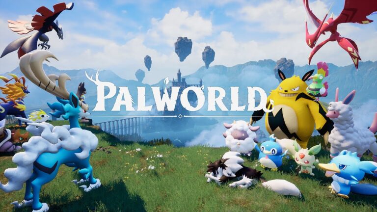 Colourful creatures in front of the Palworld logo.