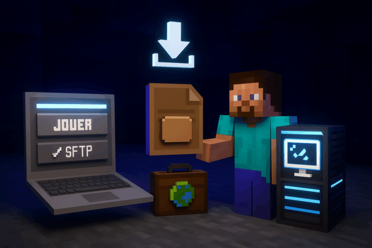 Personnage pixelisé avec ordinateur et icônes de téléchargement.