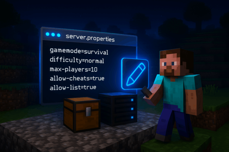 Personnage Minecraft modifiant paramètres du serveur