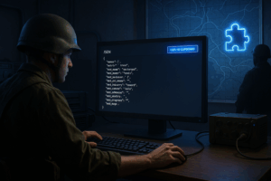 Soldat programmant sur ordinateur avec carte stratégique.