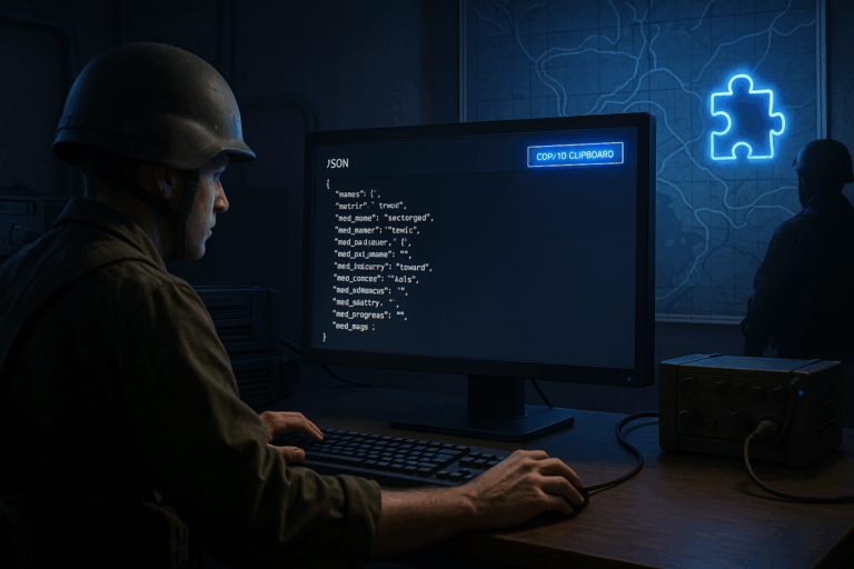 Soldat programmant sur ordinateur avec carte stratégique.