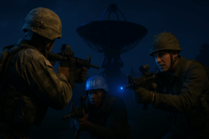 Soldats armés devant un radar, nuit.