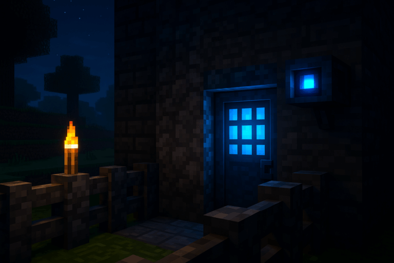 Maison pixel avec porte bleue éclairée la nuit.