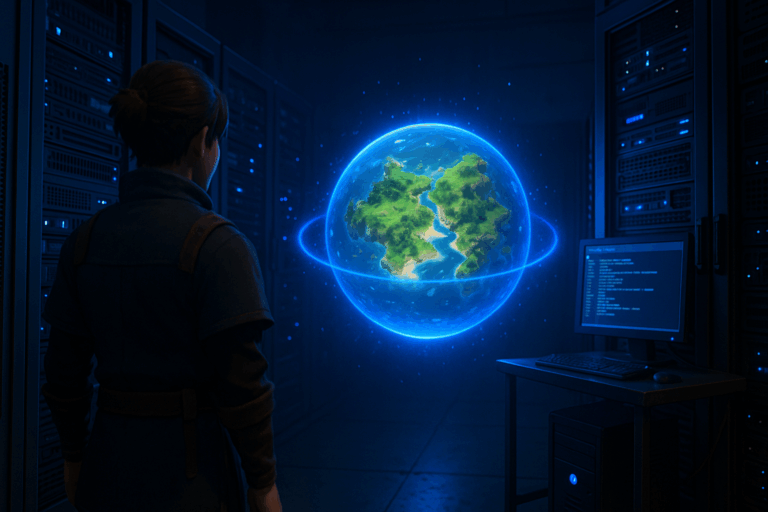 Personne observant hologramme de la Terre, salle serveurs.
