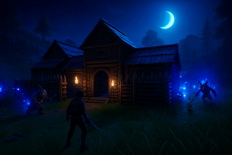 Nuit de jeu épique, maison bois mystérieuse.