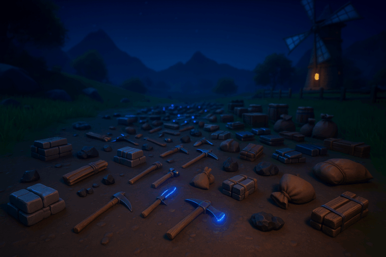 Objets de construction et outils sur sol nocturne