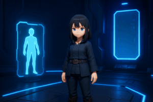 Personnage animé devant hologramme bleu, salle futuriste.