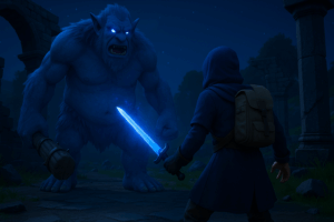 Guerrier affrontant géant dans la nuit, épée lumineuse.