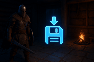 Guerrier médiéval avec icône de sauvegarde, feu de camp.