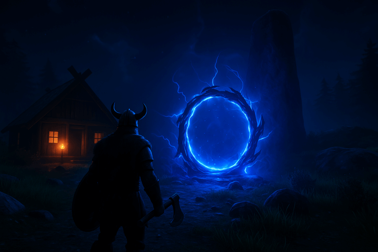 Guerrier viking devant un portail lumineux mystique.
