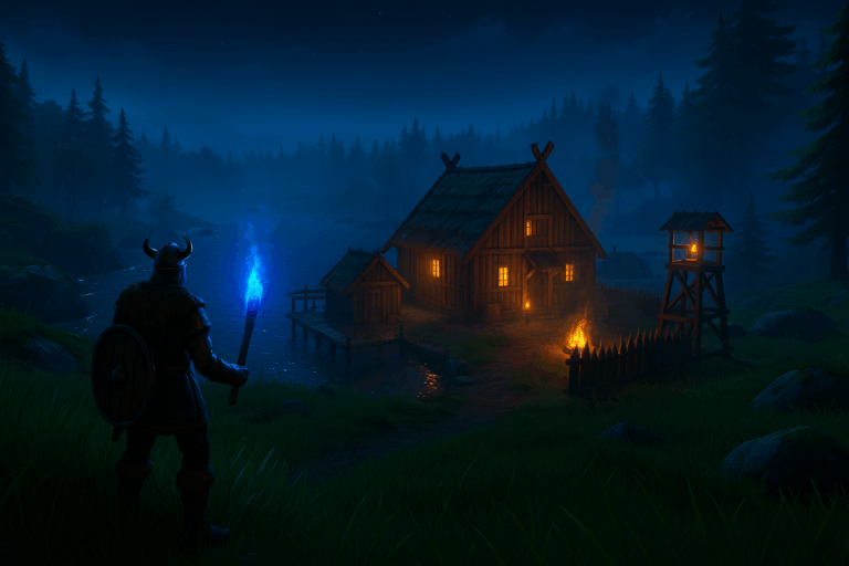 Guerrier viking avec torche observant village nocturne