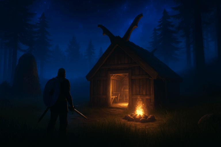 Guerrier près d'une cabane en bois la nuit