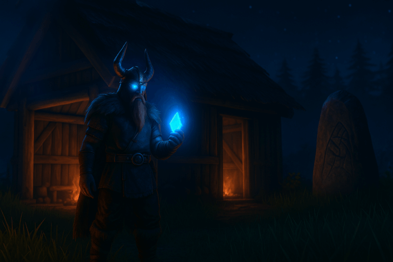 Viking tenant un cristal bleu près d'une cabane.