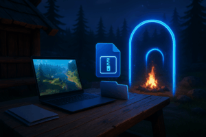 Bureau extérieur avec écran, feu de camp virtuel.