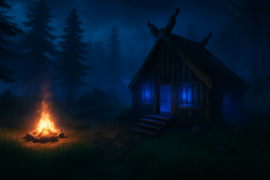 Cabane en bois et feu de camp nocturne