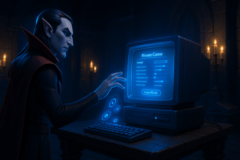 Vampire utilisant un ordinateur rétro dans une salle obscure.