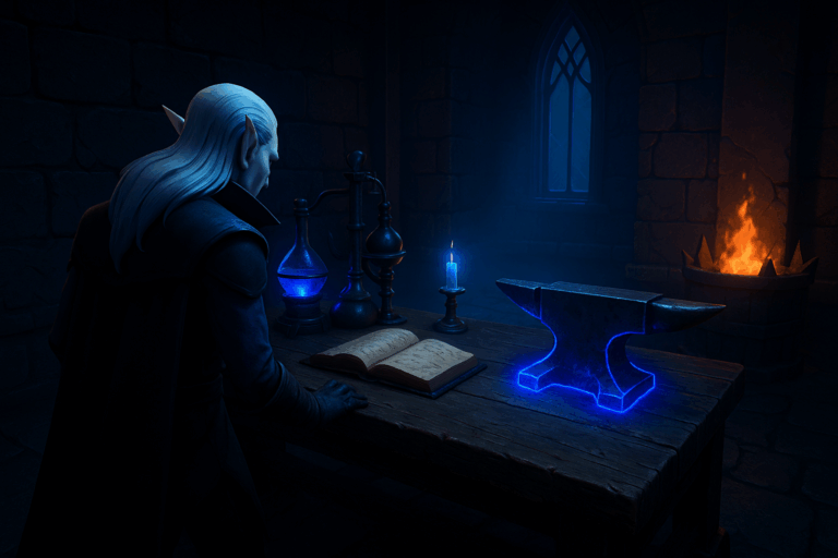 Elfe sombre lisant un livre dans un laboratoire magique.