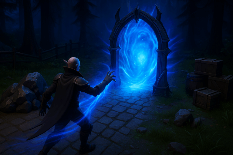 Mage activant un portail magique lumineux, forêt nocturne