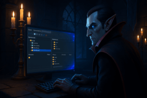 Vampire utilisant un ordinateur dans un château sombre.