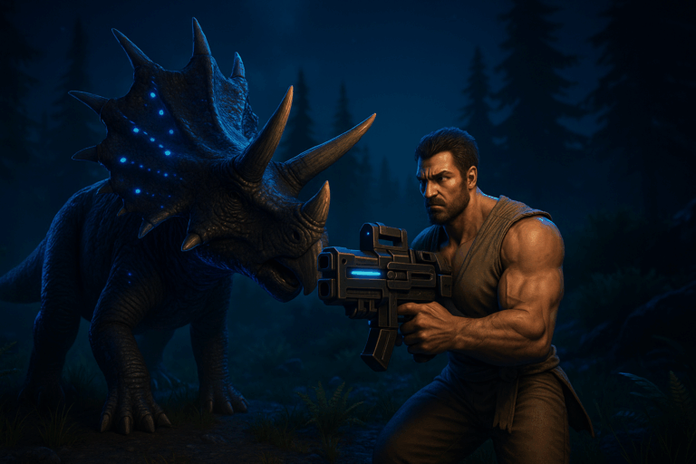 Homme armé face à triceratops lumineux nocturne.