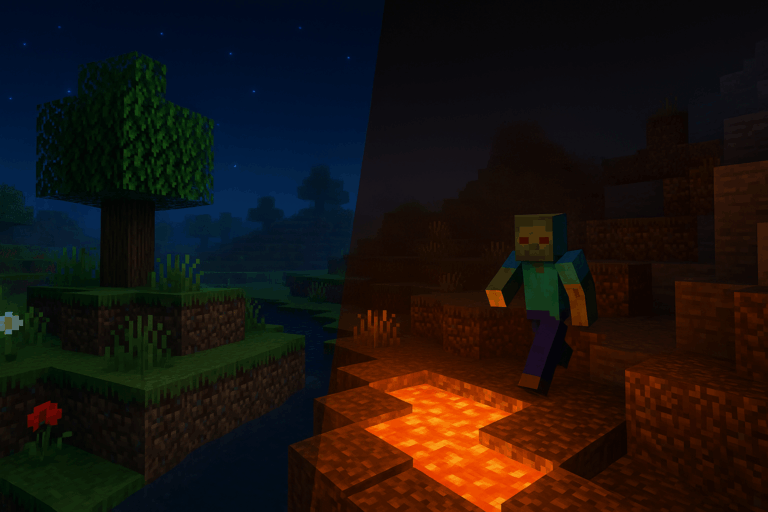 Zombie Minecraft près de la lave, nuit étoilée.