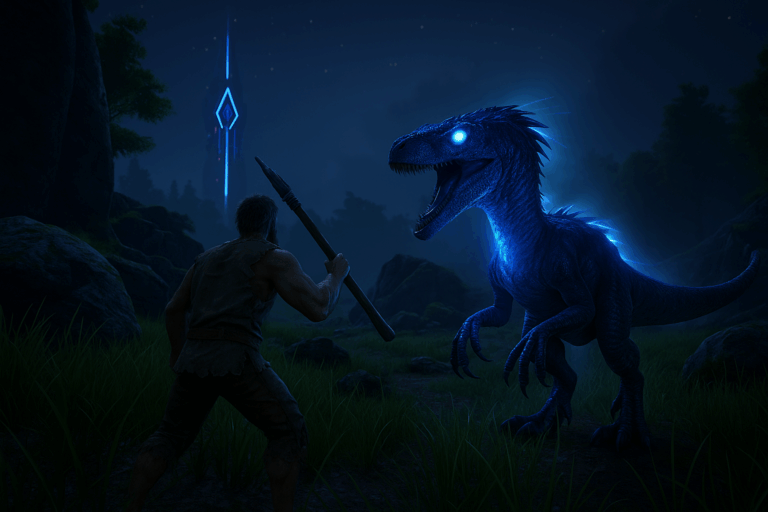 Homme préhistorique affrontant dinosaure lumineux la nuit.