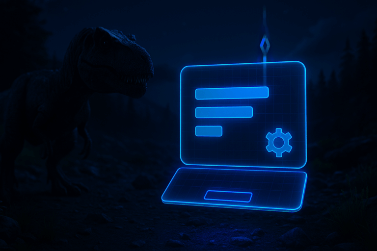 Dinosaure nocturne avec interface futuriste lumineuse.