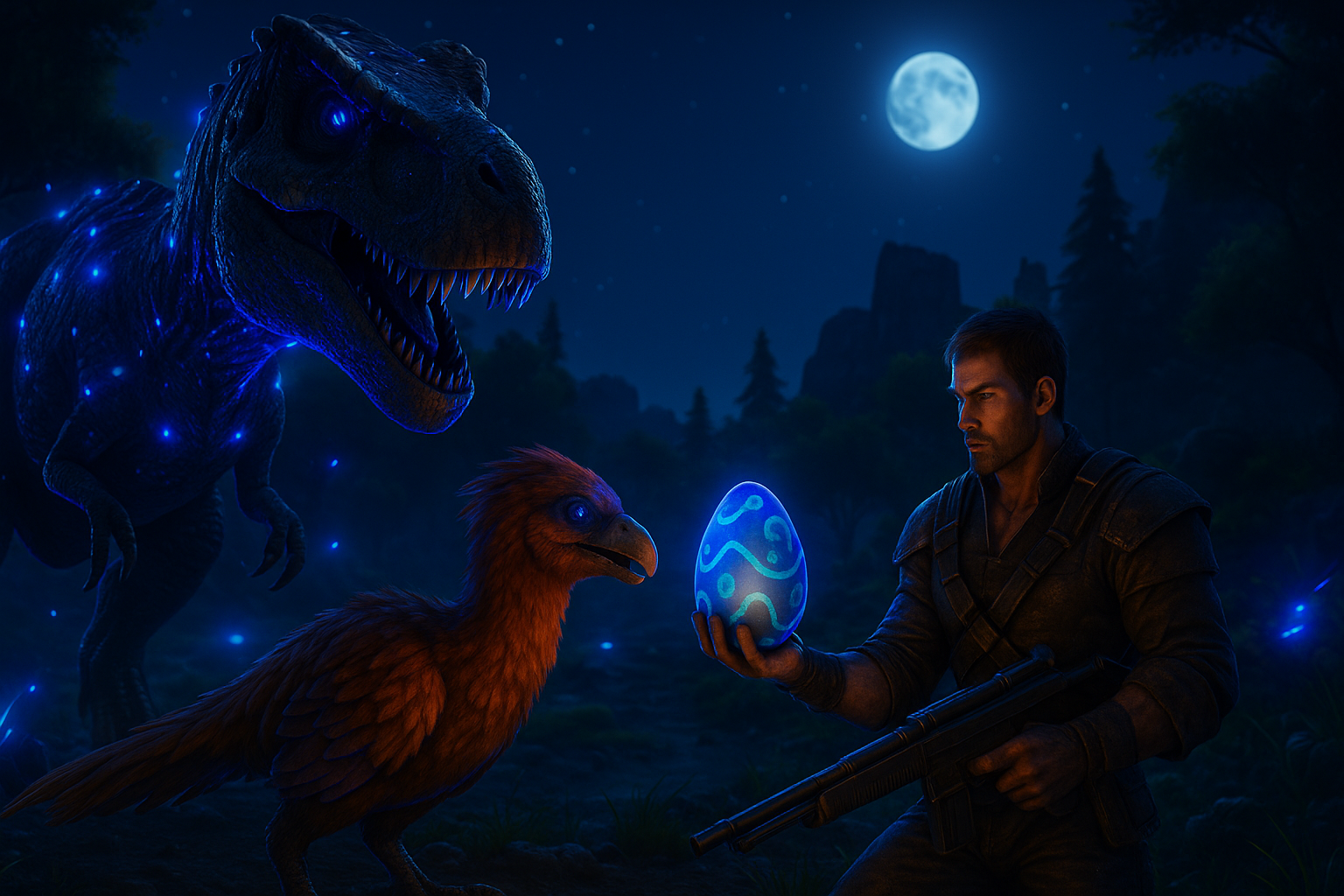 Aventurier avec œuf lumineux, dinosaures en arrière-plan.