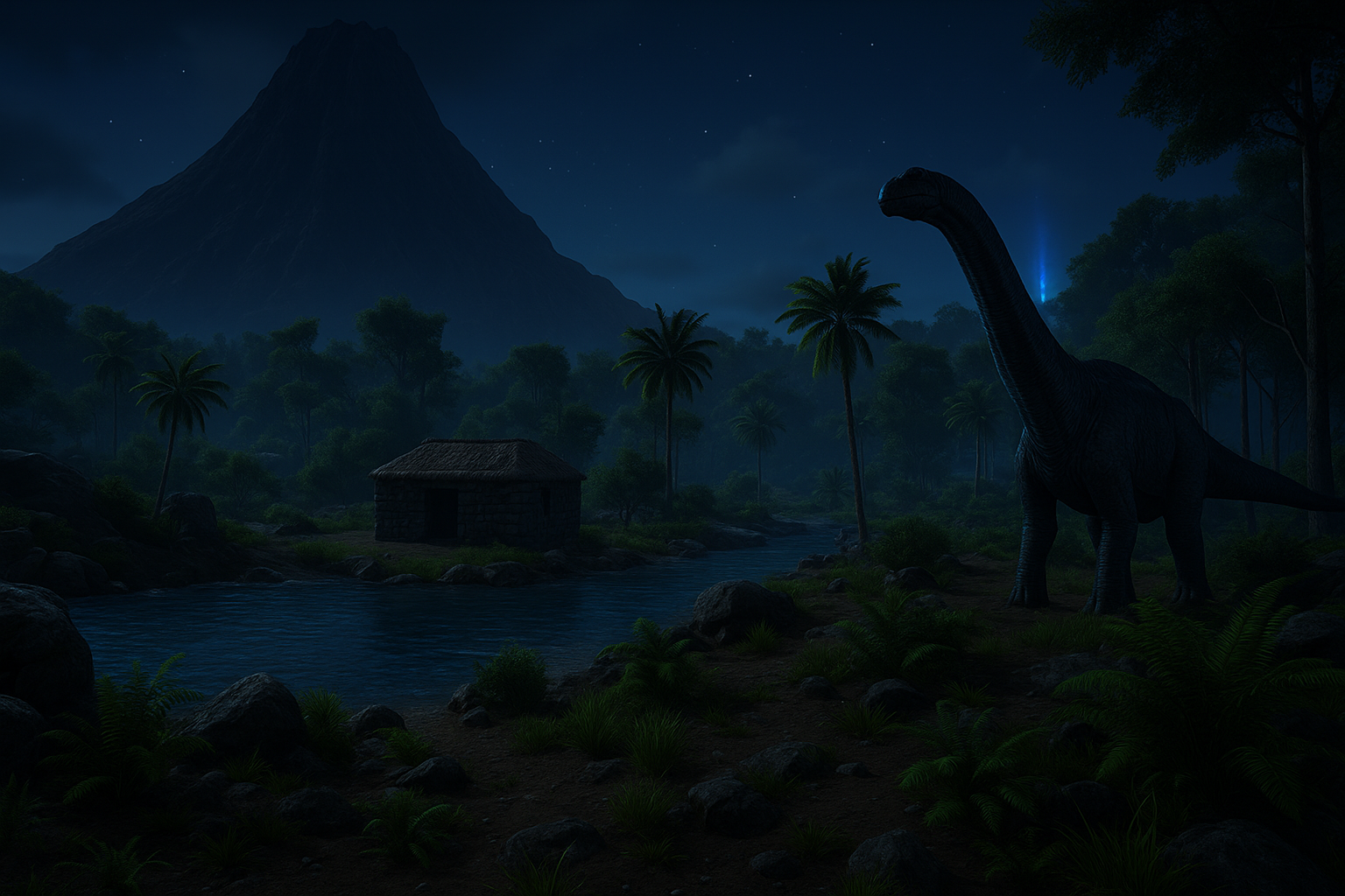 Dinosaur in prehistoric jungle at night, volcano background.