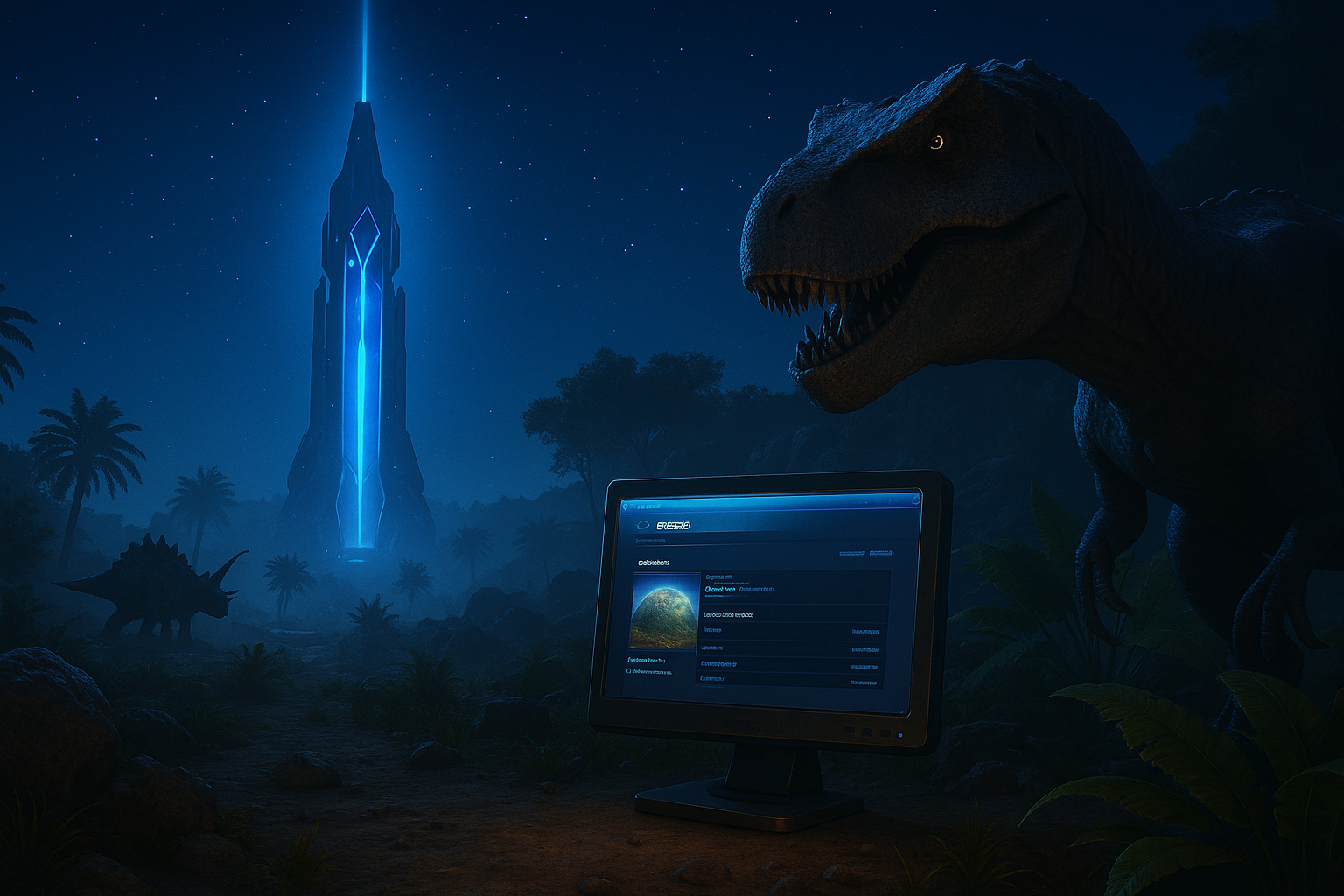 Dinosaures et tour futuriste sous ciel étoilé.