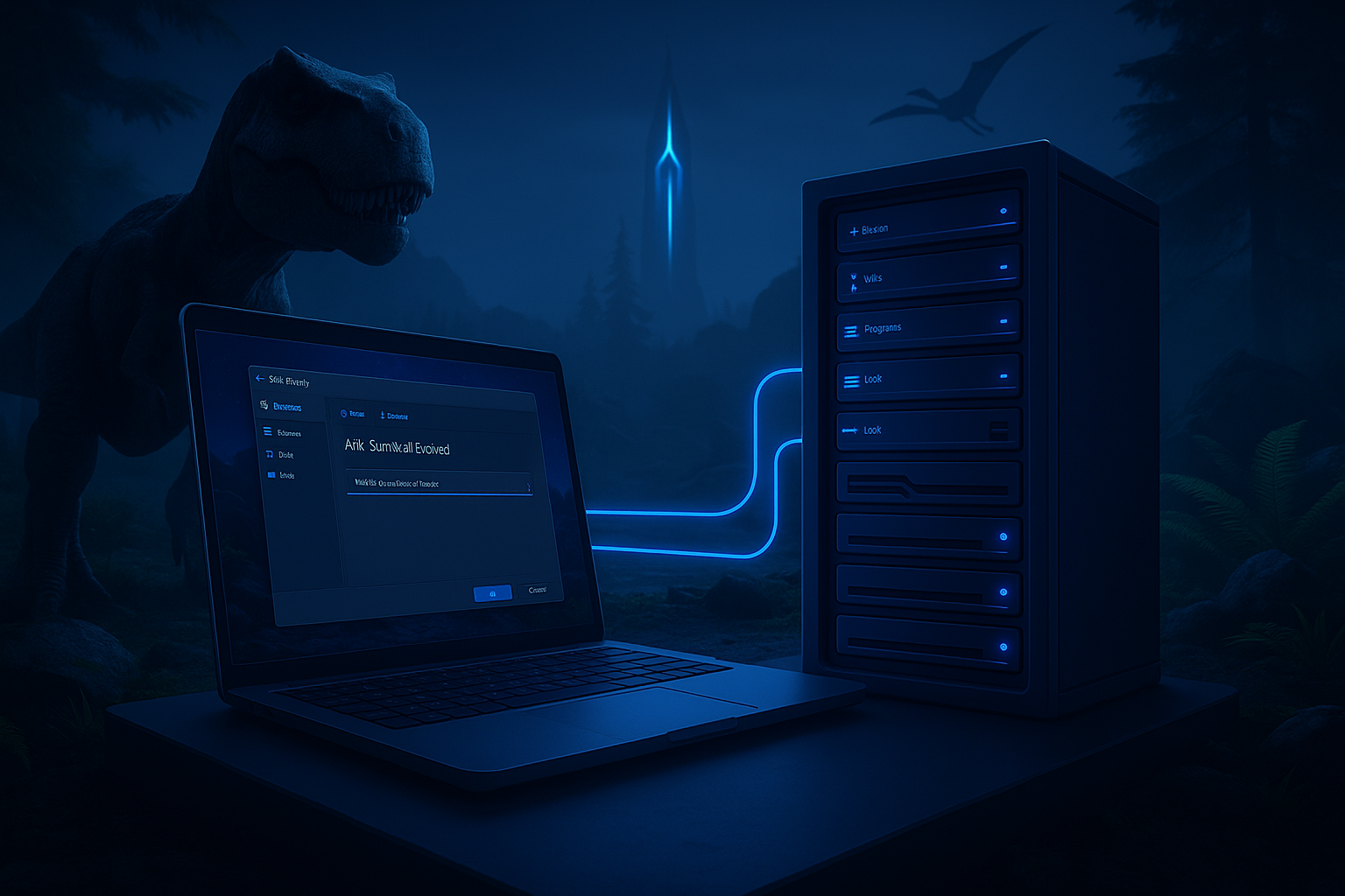 Ordinateur dans une scène avec dinosaure et serveur