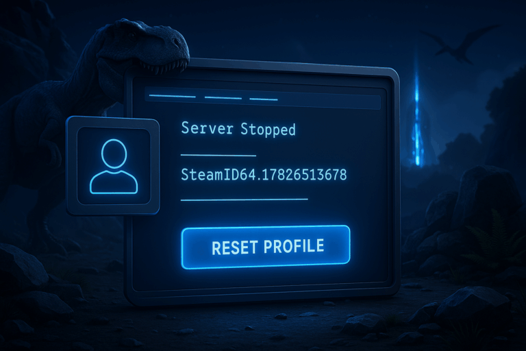 Écran de serveur arrêté avec profil à réinitialiser.