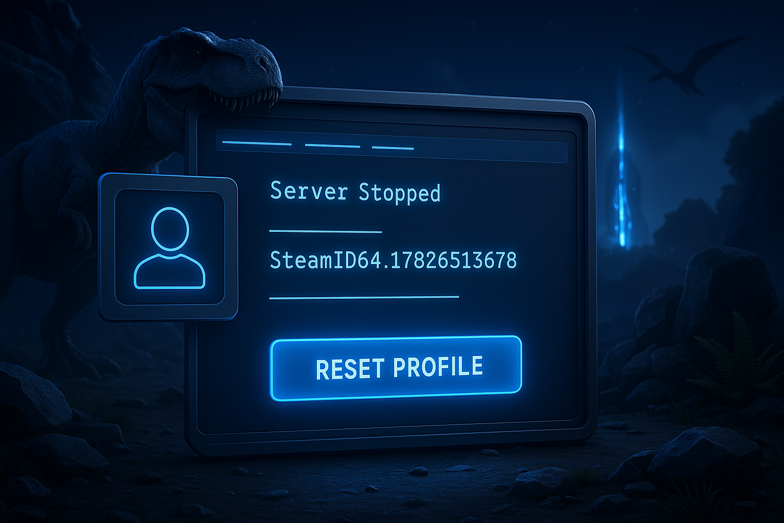 Écran de serveur arrêté avec profil à réinitialiser.