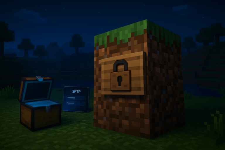 Coffre et cadenas dans un paysage pixelisé nocturne.