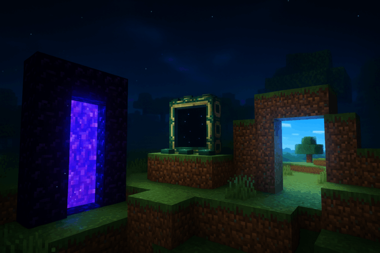 Portails dimensionnels lumineux dans le jeu Minecraft la nuit.