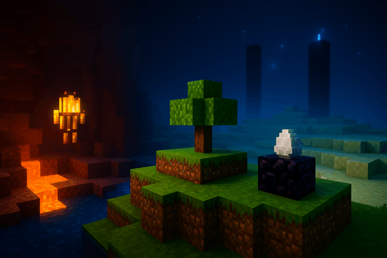 Scène Minecraft avec arbre, magma et bloc mystérieux.