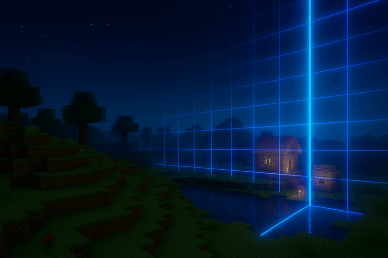 Paysage nocturne Minecraft avec grille lumineuse.