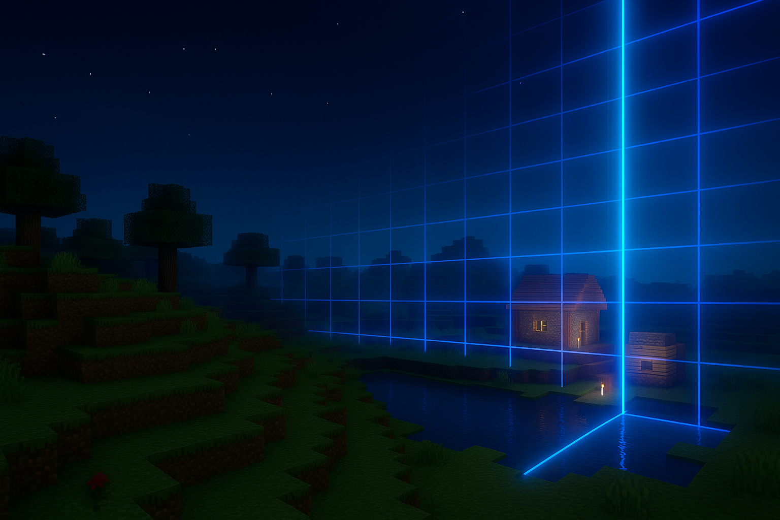 Paysage nocturne Minecraft avec grille lumineuse.