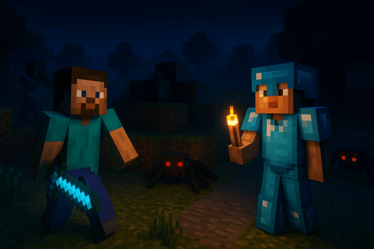 Personnages Minecraft explorant dans la nuit