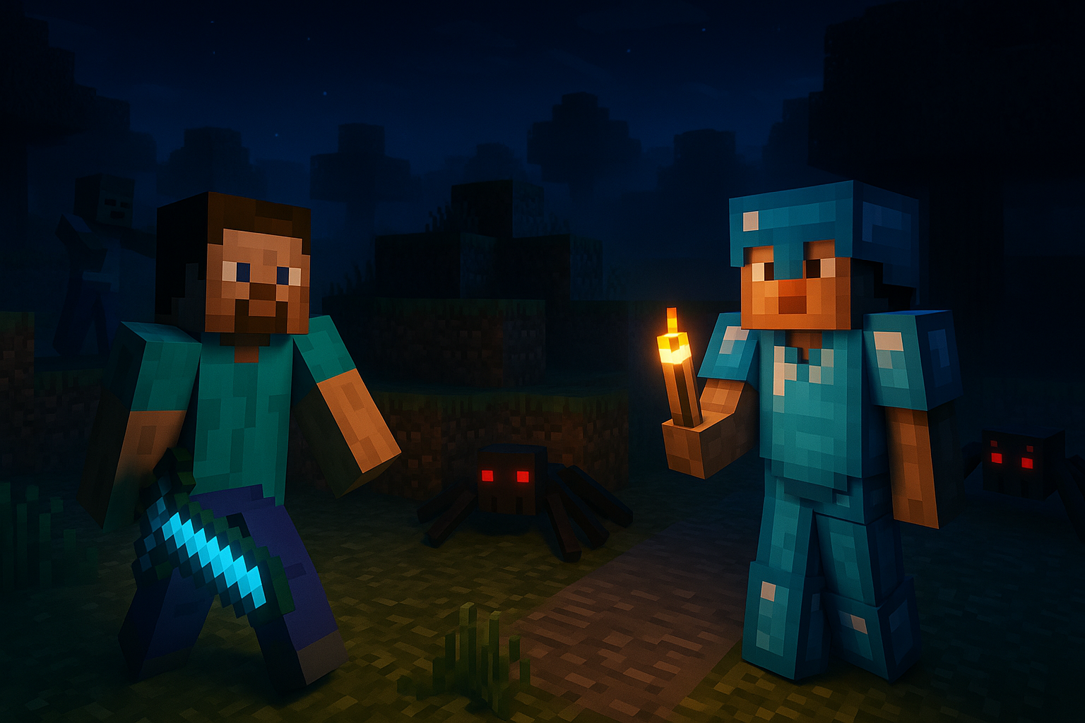 Personnages Minecraft explorant dans la nuit