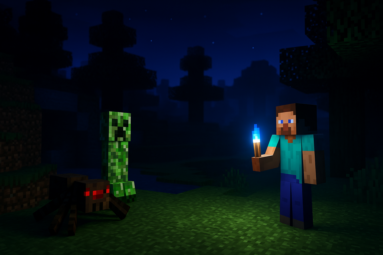 Personnage Minecraft avec creeper et araignée la nuit.