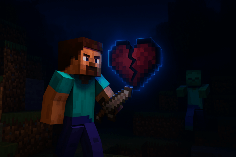 Personnage avec épée et cœur brisé pixelisé.