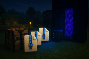 Fichiers zippés près d'un portail Minecraft lumineux.